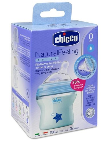 Chicco Biberón Natural Feeling Silicona 0M+ 150 Ml Azul, 1 Ud