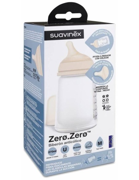 Suavinex Zero Zero Biberón Anticólicos 270 Ml Con Tetina De Flujo Medio, 1 Ud