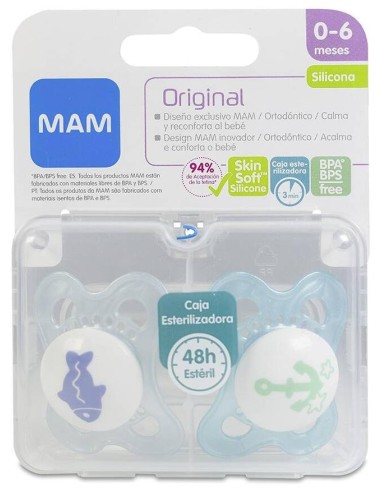 Mam Chupete Original Silicona 0+ Azul, 2 Unidades