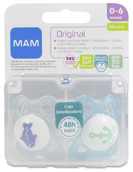 Mam Chupete Original Silicona 0+ Azul, 2 Unidades