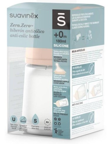 Suavinex Zero Zero Biberón Anticólicos 180 Ml Con Tetina De Flujo Lento, 1 Ud