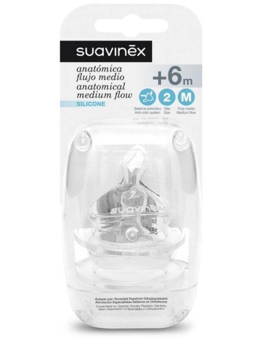 Suavinex Tetina Anatómica De Silicona Talla 2 Flujo Medio +6M, 2 Uds