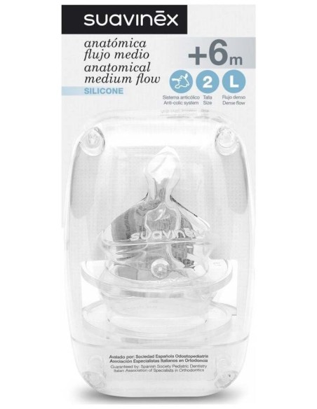 Suavinex Tetina Anatómica De Silicona Talla 2 Flujo Denso +6M, 2 Uds