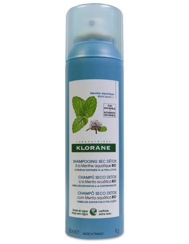 Klorane Champú Seco Detox Menta Acuática Bio, 150 Ml