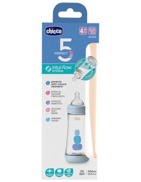 Chicco Biberón Perfect5 4+ Meses Silicona Azul, 300 Ml