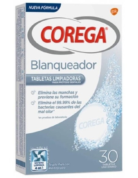 Corega Blanqueador Limpieza Prótesis Dental, 30 Uds