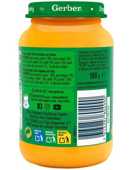 Gerber Organic Tarrito Hortalizas Y Ternera +6 Meses, 190 G