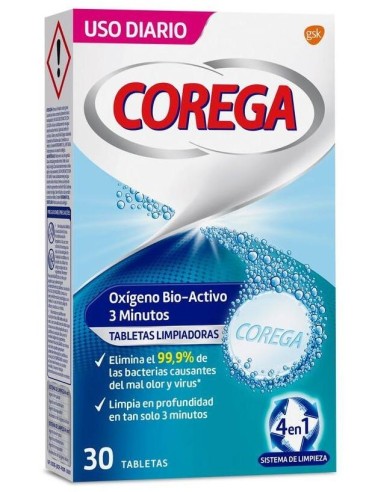 Corega Oxigeno Bio-Activo Limpieza Prótesis Dental, 30 Uds
