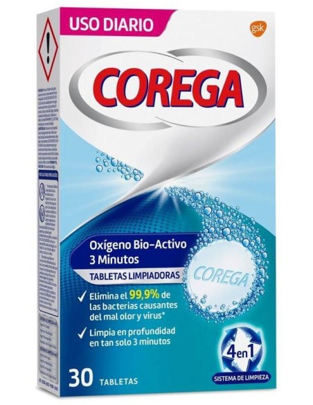 Corega Oxigeno Bio-Activo Limpieza Prótesis Dental, 30 Uds