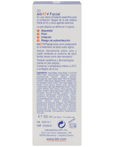 Leti At4 Facial Piel Atópica Y Seca, 50 Ml