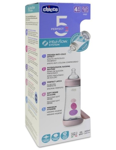 Chicco Biberón Perfect 5 +4 Silicona Rosa, 300 Ml