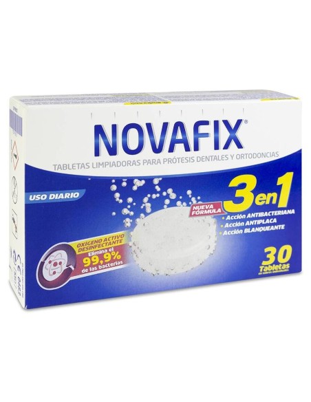 Novafix Tabletas Limpiadoras Prótesis Dental Antibacterianas 3 En 1, 30 Unidades