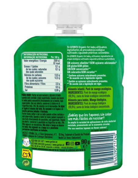 Gerber Organic Pouch De Mango, 90 Gr