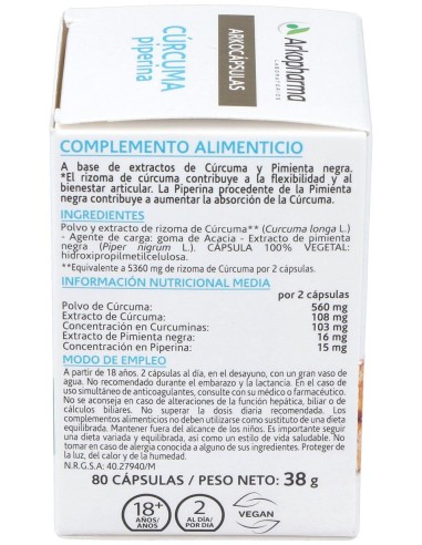 Arkopharma Arkocápsulas Cúrcuma Piperina 80Caps
