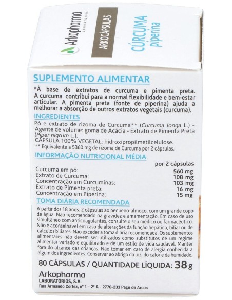 Arkopharma Arkocápsulas Cúrcuma Piperina 80Caps