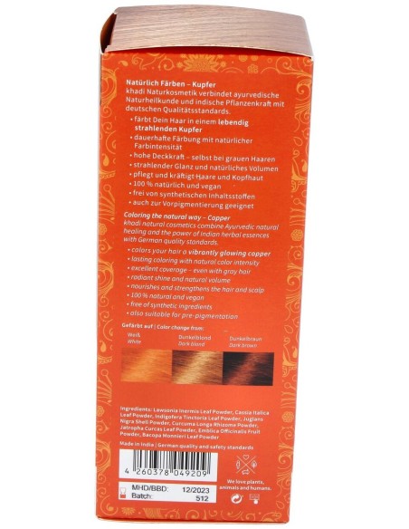 Khadi Herbal Color Cobre Brillante Rubio Y Rojizo 100G
