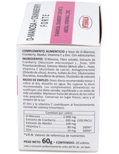 Integralia D-Manosa+Cranberry Forte Abedul Vit C Zinc 20 Sobres
