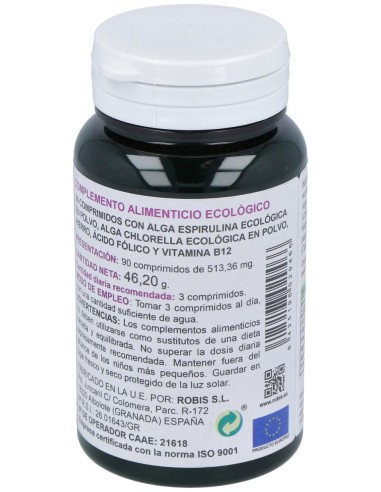 Robis Espirulina+Chlorella +Acido Folico+Hierro+B12 90Comp