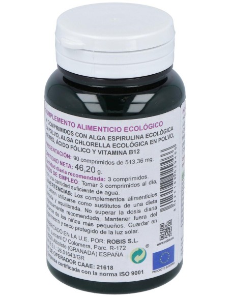 Robis Espirulina+Chlorella +Acido Folico+Hierro+B12 90Comp