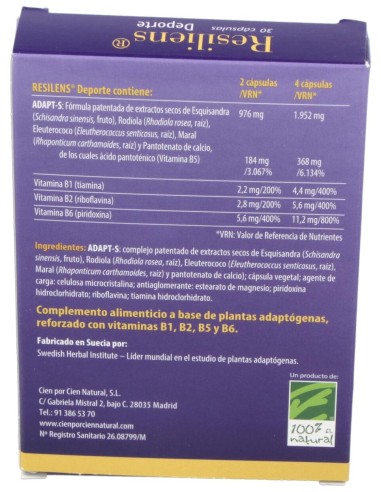 100% Natural Resiliens Deporte 30 Cápsulas