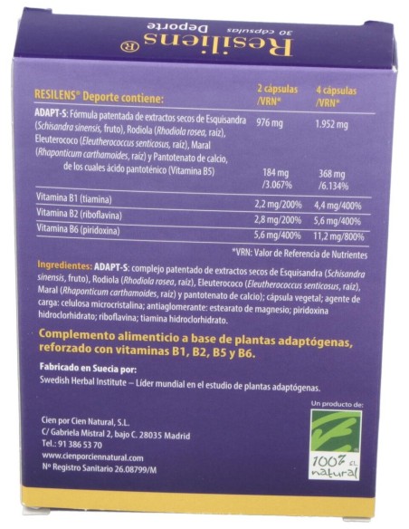 100% Natural Resiliens Deporte 30 Cápsulas