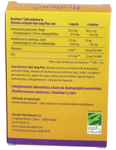 100% Natural Resiliens Cold 30 Cápsulas