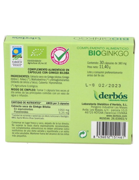 Derbós Bio Ginkgo Biloba 30Cáps