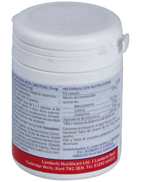 Lamberts Beta Caroteno Natural 15Mg 90Caps.