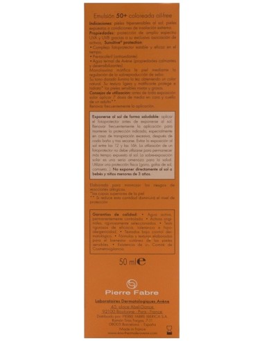 Avène Emulsión Coloreada Spf 50+ Toque Seco Oil Free Sin Perfume, 50 Ml