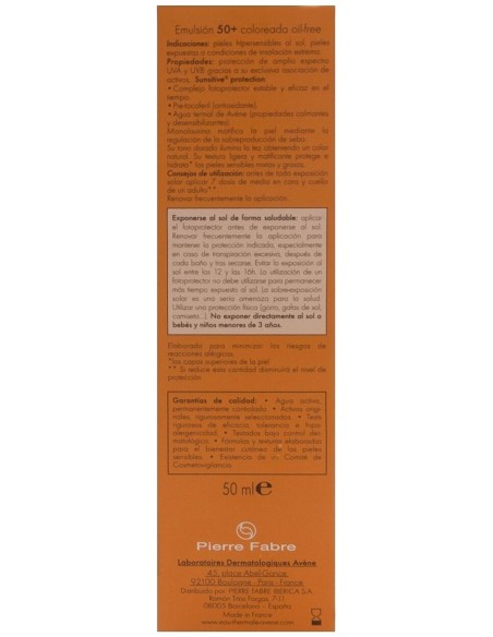 Avène Emulsión Coloreada Spf 50+ Toque Seco Oil Free Sin Perfume, 50 Ml