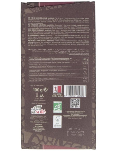 Chocolate Negro 100% 100Gr. Eco Sg