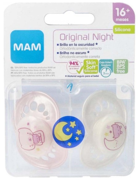 Chupete Silicona Mam Original Night + 16 M Pack Doble Rosa
