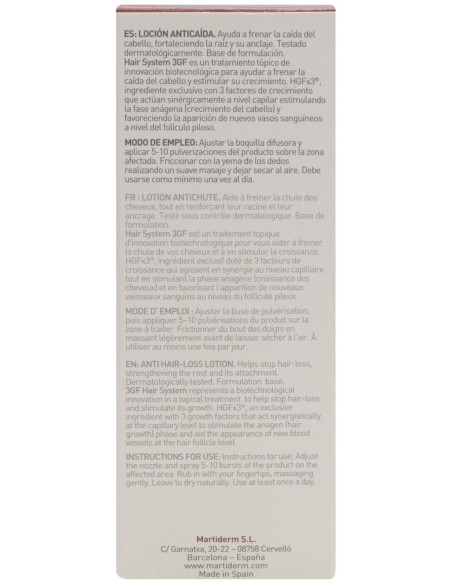 Martiderm Hair System 3Gf Loción Anticaída Unisex, 100 Ml