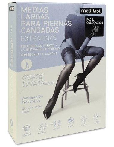 Medilast Medias De Compresión Preventiva Largas Con Blonda Para Piernas Cansadas De Fácil Colocación 421 Negro Talla S, 1 Par