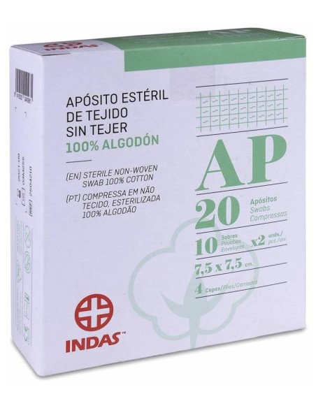 Indas Apósito Estéril Tejido Sin Tejer 100% Algodón 7,5 X 7,5 Cm, 20 Uds