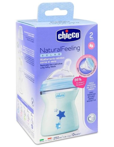 Chicco Biberón Natural Feeling Silicona 2M+ 250 Ml Azul, 1 Ud